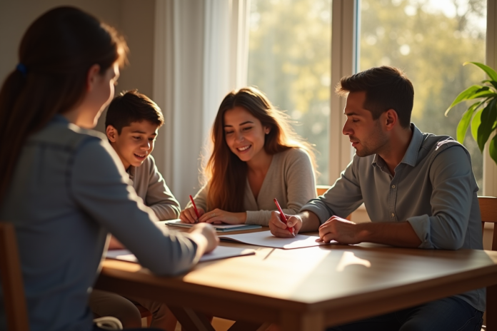 Famille autour d'un dîner discutant d'un relevé scolaire