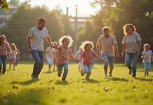 Famille jouant à un jeu traditionnel en plein air en famille