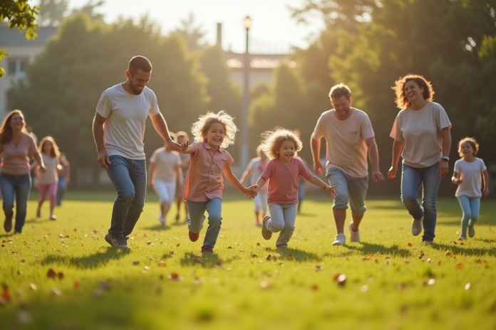 Famille jouant à un jeu traditionnel en plein air en famille
