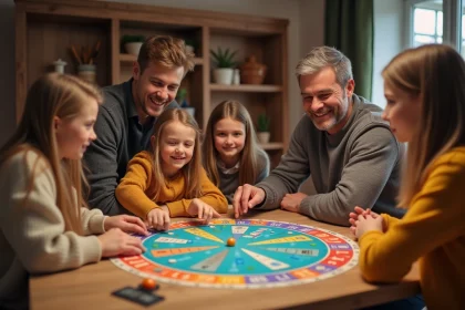 Famille jouant à Trivial Pursuit sur une table moderne