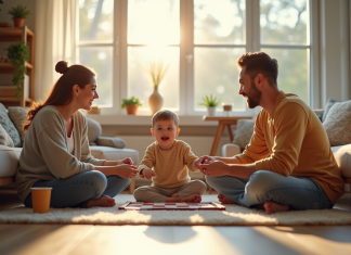 Famille détendue jouant à un jeu de société dans le salon lumineux