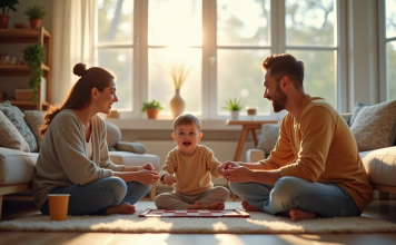 Famille détendue jouant à un jeu de société dans le salon lumineux