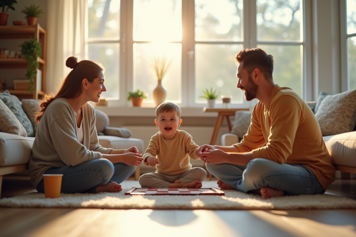 Famille détendue jouant à un jeu de société dans le salon lumineux