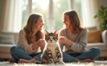Famille heureuse jouant avec un chaton dans le salon lumineux