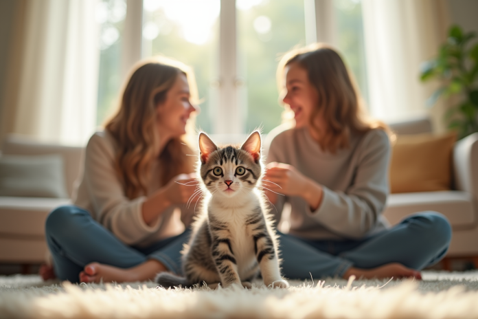 Famille heureuse jouant avec un chaton dans le salon lumineux
