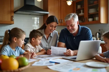 Famille nombreuse réunie autour de la table de cuisine pour comparer des offres et réductions du quotidien