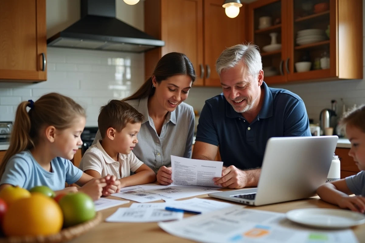 Famille nombreuse réunie autour de la table de cuisine pour comparer des offres et réductions du quotidien