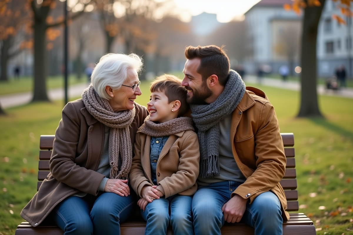 Famille assise dans un parc en souriant