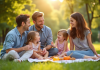 Famille heureuse profitant d'un pique-nique en plein air dans un parc ensoleille