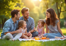 Famille heureuse profitant d'un pique-nique en plein air dans un parc ensoleille