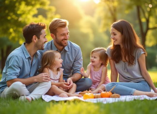 Famille heureuse profitant d'un pique-nique en plein air dans un parc ensoleille