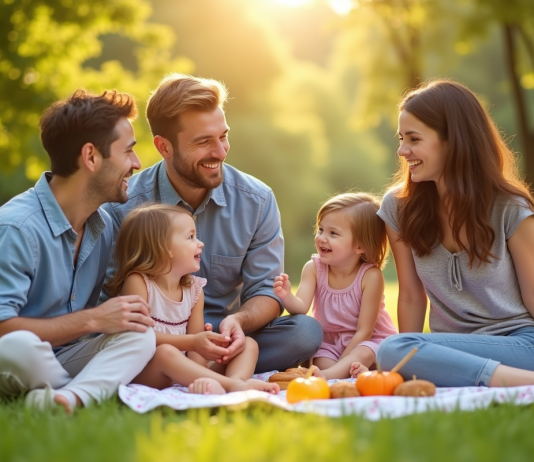 Famille heureuse profitant d'un pique-nique en plein air dans un parc ensoleille