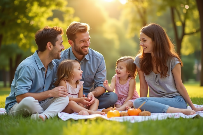 Famille heureuse profitant d'un pique-nique en plein air dans un parc ensoleille