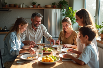 Famille moderne autour d'une table en cuisine lumineuse