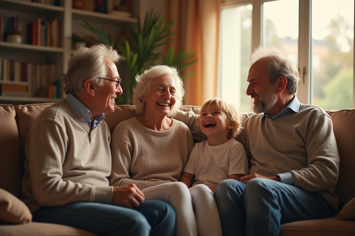 Trois générations réunies dans un salon chaleureux et lumineux