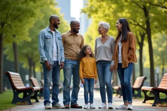 Quatre familles diverses dans un parc urbain ensoleille