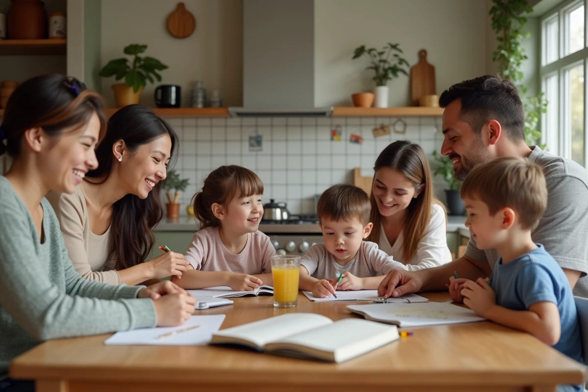 Familles différentes réunies autour d
