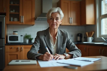 Femme d age moyenne remplissant des formulaires dans une cuisine