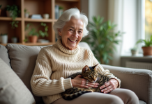 Bienfaits d’un animal de compagnie : santé et bonheur au quotidien ! Femme agee souriante caressant un chat sur ses genoux