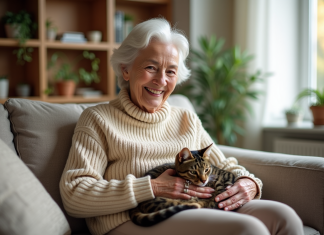 Bienfaits d’un animal de compagnie : santé et bonheur au quotidien ! Femme agee souriante caressant un chat sur ses genoux