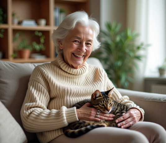 Bienfaits d’un animal de compagnie : santé et bonheur au quotidien ! Femme agee souriante caressant un chat sur ses genoux