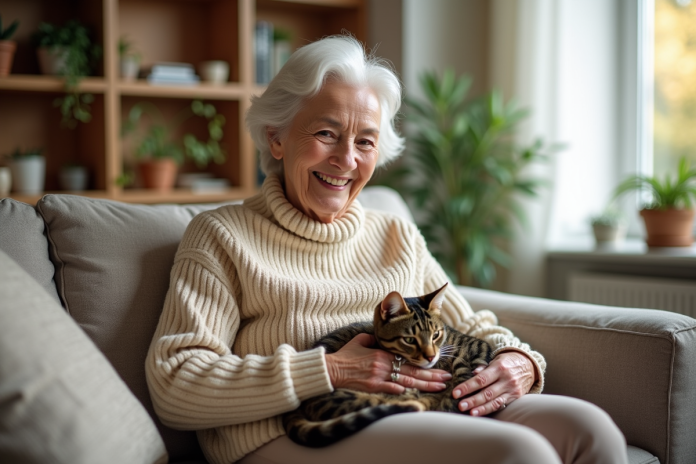 Femme agee souriante caressant un chat sur ses genoux
