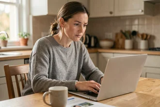 Femme sceptique consultant des avis sur le divorce par internet sur son ordinateur portable à la maison