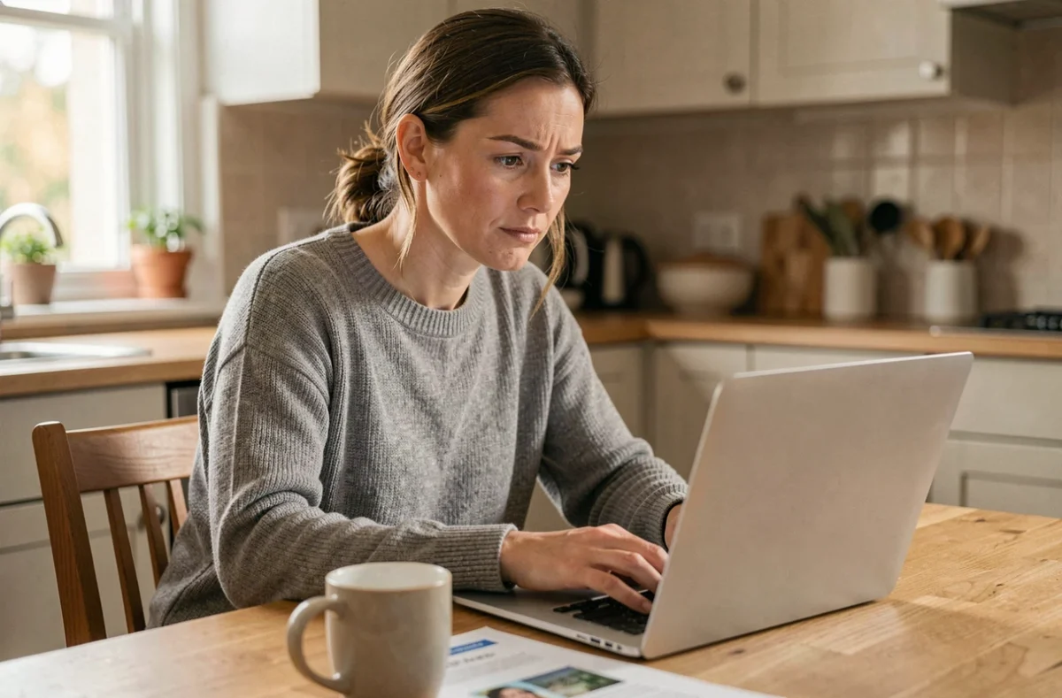 Femme sceptique consultant des avis sur le divorce par internet sur son ordinateur portable à la maison