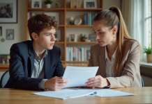 Cessation de l’obligation parentale en Belgique : tout savoir Femme belge et son fils regardant des documents dans un salon moderne