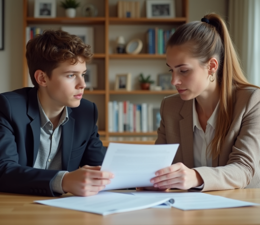 Cessation de l’obligation parentale en Belgique : tout savoir Femme belge et son fils regardant des documents dans un salon moderne