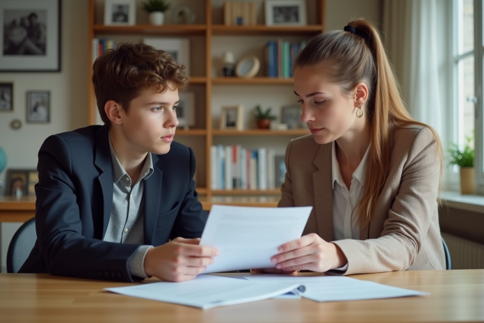 femme-belge-documents-salle-moderne Femme belge et son fils regardant des documents dans un salon moderne
