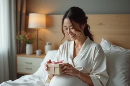 Femme souriante recevant un cadeau de naissance dans une chambre chaleureuse
