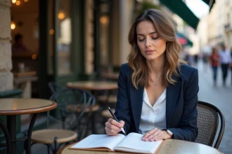 Femme méditerranéenne au café à Paris avec notes manuscrites