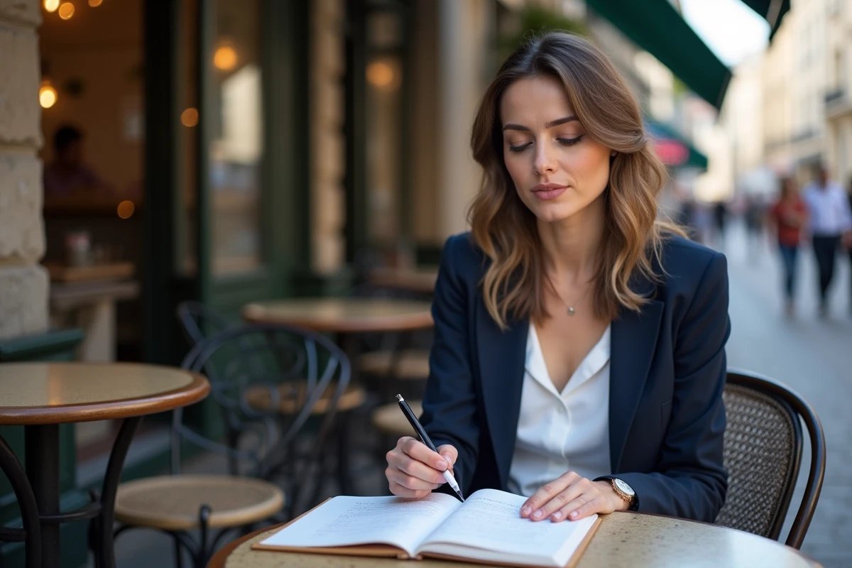 Femme méditerranéenne au café à Paris avec notes manuscrites