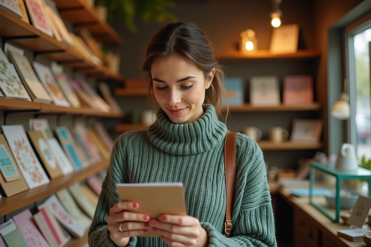 Femme choisissant une carte avec une belle citation pour sa filleule dans une papeterie
