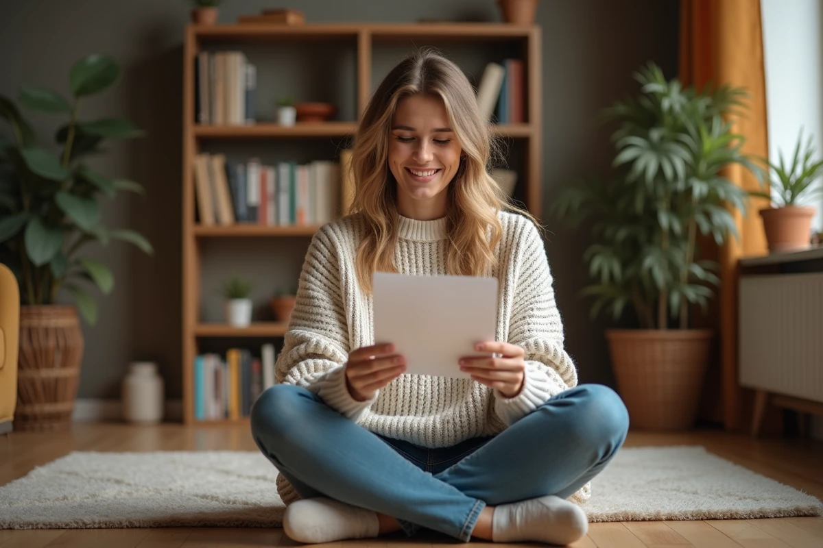 Jeune femme souriante lisant une citation drôle sur la cousine chez elle, assise sur un plancher en bois entourée de plantes