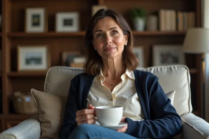 Femme réfléchissant dans un salon cosy avec livres et photos