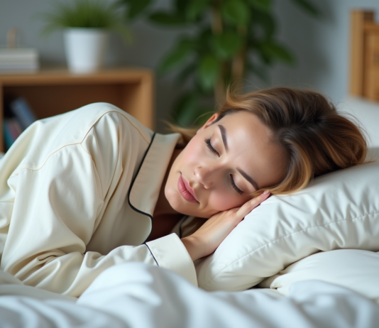 Heures de sommeil réparatrices : quelles sont les plus bénéfiques pour la santé ? Femme d'âge moyen dormant paisiblement en pyjama coton