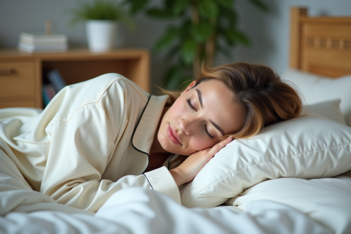 Femme d'âge moyen dormant paisiblement en pyjama coton