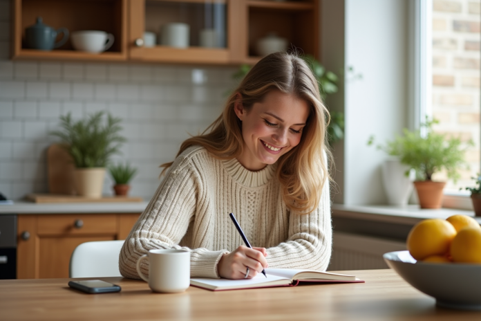 Femme détendue écrivant dans un journal à la maison