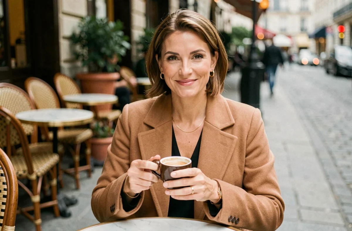 Femme élégante et souriante en terrasse de café parisien, symbole de discrétion et de charme naturel