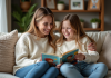 Femme et fille rient en lisant un livre illustré dans le salon
