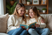 Femme et fille rient en lisant un livre illustré dans le salon