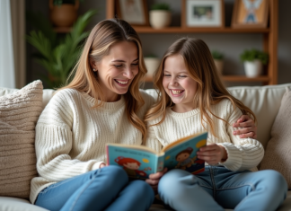Améliorer la relation parent-enfant : conseils et astuces pour renforcer votre lien Femme et fille rient en lisant un livre illustré dans le salon