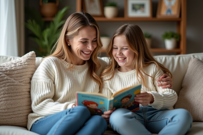 Femme et fille rient en lisant un livre illustré dans le salon