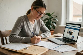 Femme remplissant un formulaire de demande AESH auprès de la MDPH à son bureau à domicile