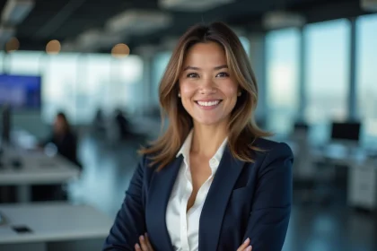 Femme journaliste professionnelle souriante dans une salle de rédaction moderne, illustrant la discrétion et la vie publique d'une personnalité médiatique