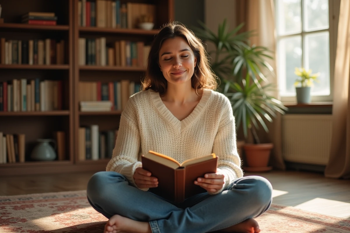Femme adulte nostalgique lisant un ancien carnet d'enfance dans un salon chaleureux