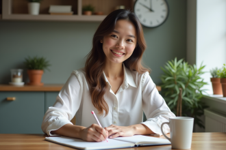 Jeune femme organisée écrivant dans un planner en cuisine