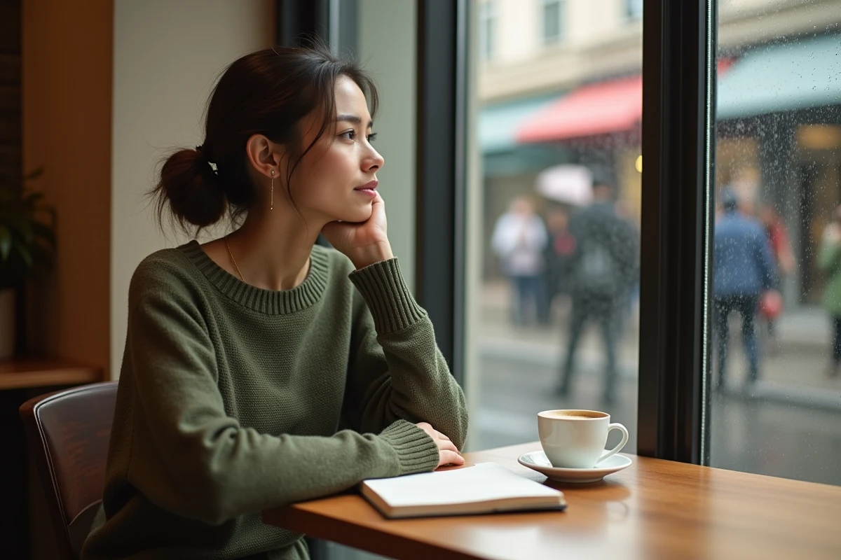 Femme pensive dans un café parisien avec un carnet ouvert, évoquant la réflexion sur l'intimité et la notoriété d'une personnalité publique